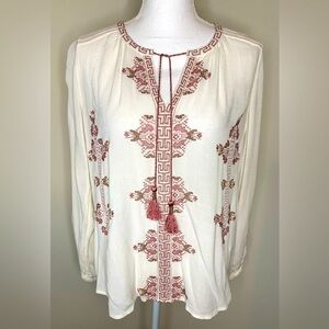 Lucky Brand Women Boho Embroidered Top Blouse Rose Pink Creme Medium